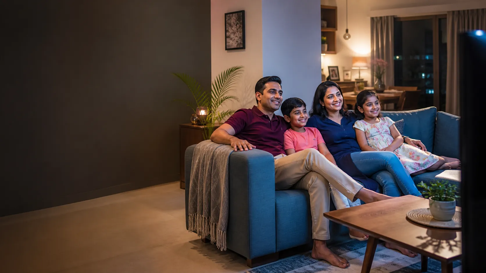Indian family enjoying television together in their living room